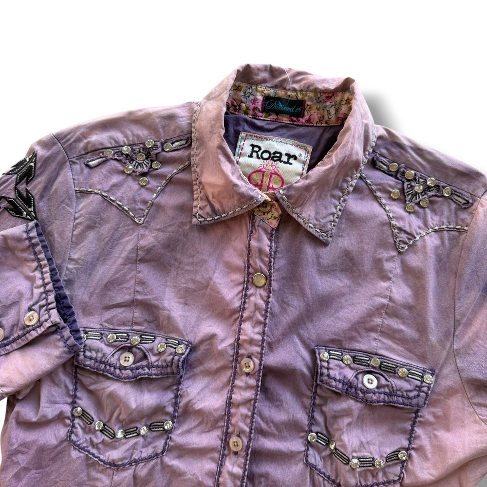 Roar Womens M Purple Tribal Sun Western Rhinestone Embroidered Button Down Shirt